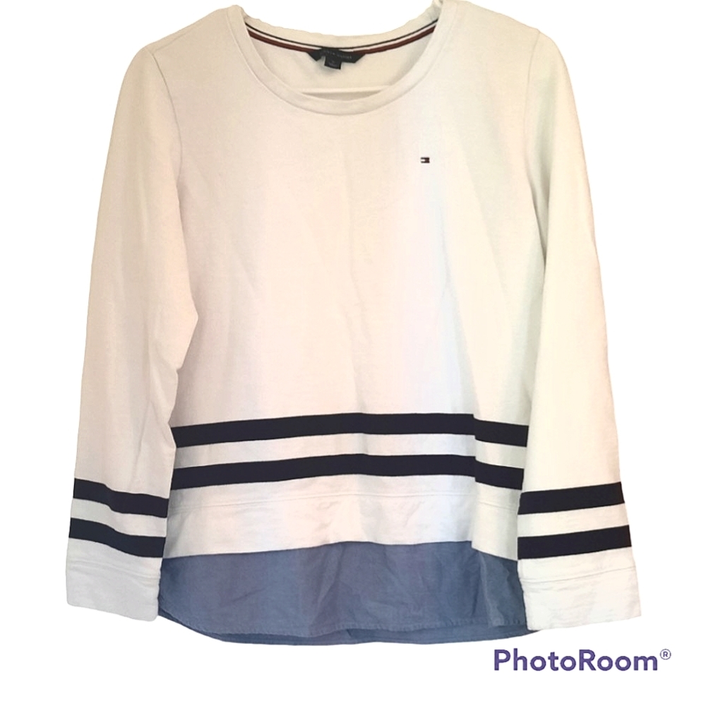 Tommy Hilfiger White Striped Scoop Neck Oversized Sweater with Chambray